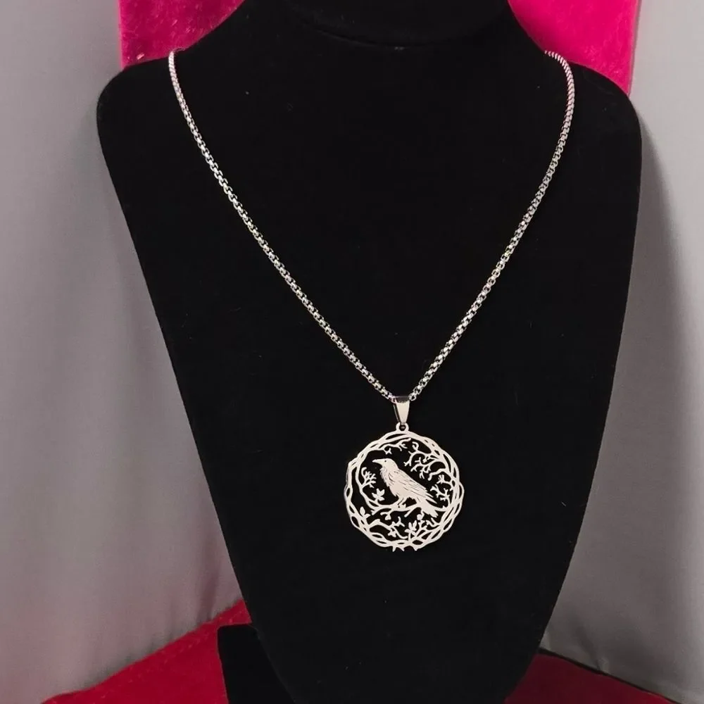 Stainless Steel Raven Crow Tree of Life Pendant Necklace 24